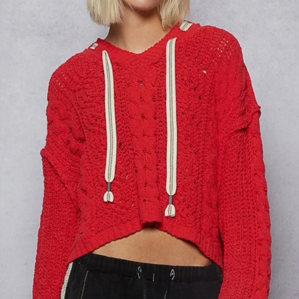 POL Red V-Neck Chunky Cable Knit Sweater